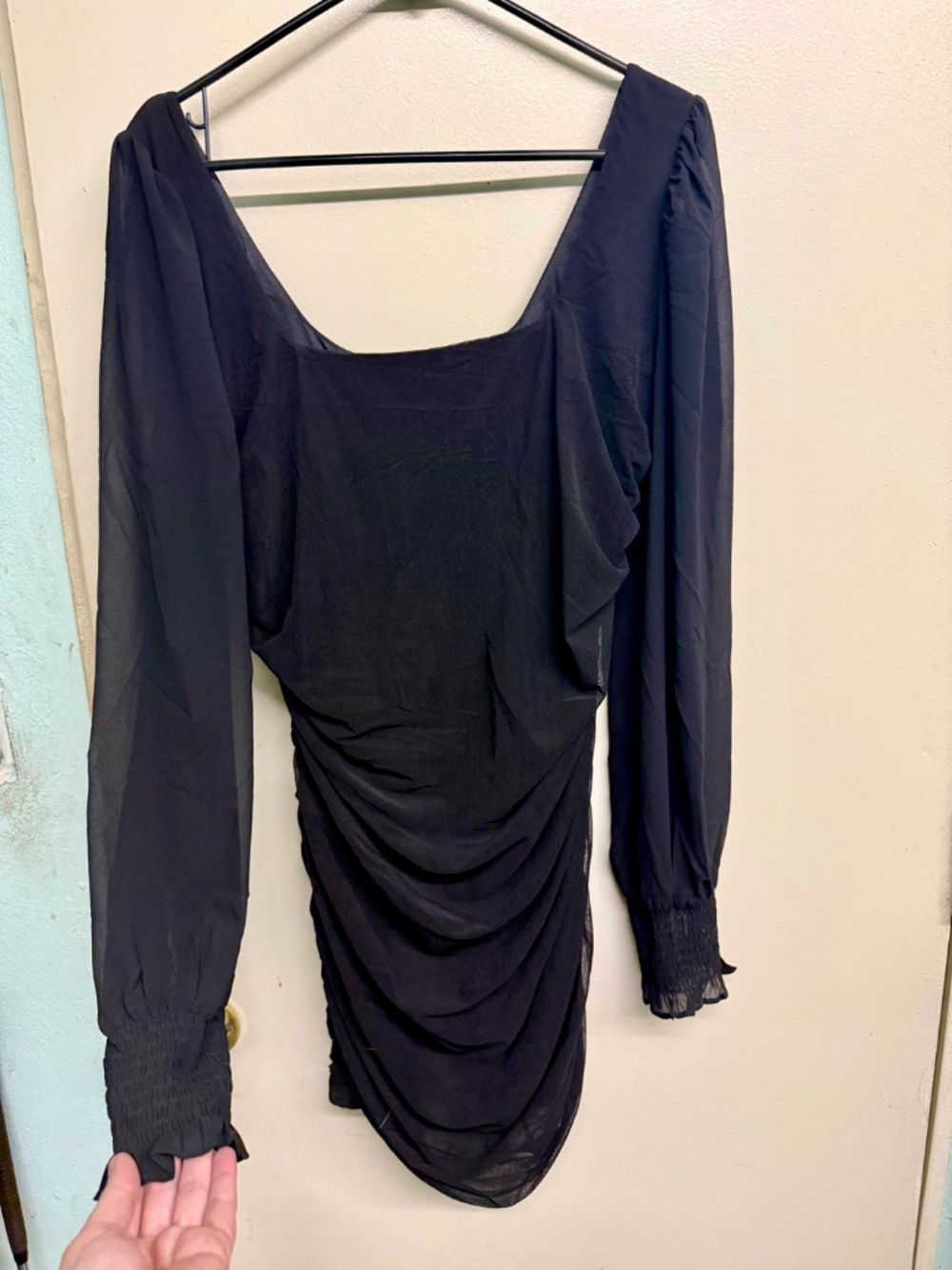 Lulus Black Ruched Long Mesh Sleeve Mini Dress | Sheer Sleeve Party Dress - Picture 2 of 5